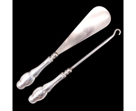 A 1940s silver-handled button hook and shoe horn pair, Samuel M Levi, 17.5 cm 