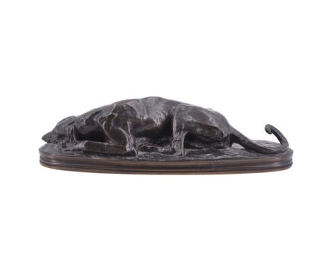 Antoine-Louise Barye (1796-1875), "Lévrier couché" [Reclining greyhound], bronze, signed Barye within the sculpture, further 