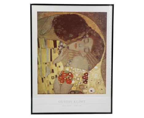 After Gustav Klimt (Austrian, 1862 - 1918)"The Kiss" gallery print, in slender black frame under glass, 61 cm x 46 cm overall