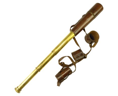 An early 20th Century three-draw brass telescope / stalking scope by Broadhurst &amp; Clarkson, having a leather-covered body