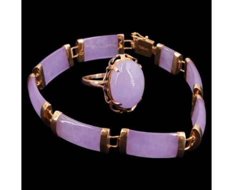 A Chinese 14 ct yellow metal mounted lavender jade bracelet together with a similar ring