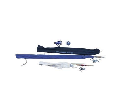  A Club Feeder 330 fishing rod, a "The Elite" hand-built and one other rod, together with reels