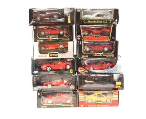Twelve boxed diecast toy model classic and racing cars, including Shell Classico, Burago and Hot Wheels cars, circa 1990s