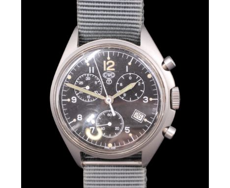 A Cabot Watch Company (CWC) Pilot's chronograph wristwatch, on a NATO strap, the screw on case back bearing a MOD broad arrow
