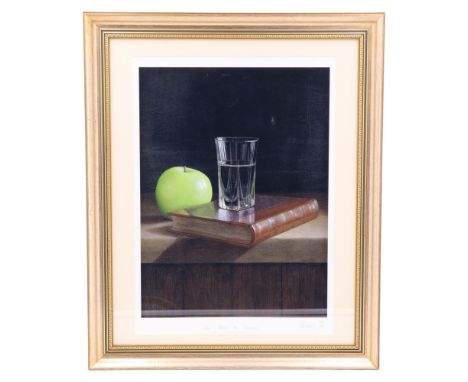 After Tim Gustard (Lake District, contemporary)"An Apple For Teacher", a Granny Smith apple with glass of water and Vasari's 