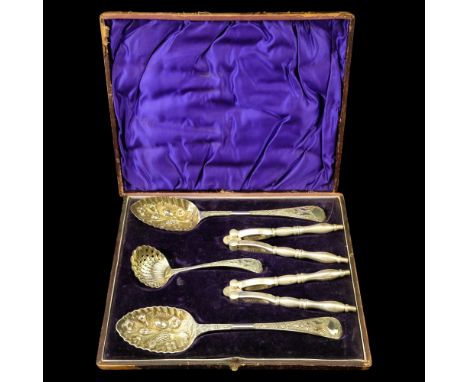 A cased Victorian berry spoon, sifting spoon and nutcracker set by Ainsworth Taylor Co, case 28 cm x 23 cm 