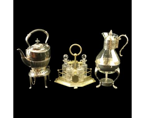 An early 20th Century Walker &amp; Hall s electroplate pirit kettle and stand together with an electroplate-mounted glass ewe