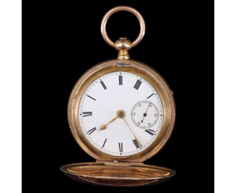 A late 19th Century rolled-gold hunter pocket watch, having an un-named key-wound lever movement and white enamel face with R