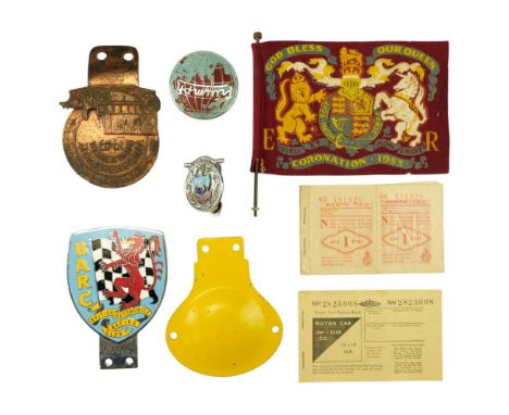 [ Classic car ] Automobilia including British Automobile Racing Club 1949 Pretoria Boer Trek bumper badges, a 1953 coronation