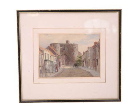 Philip Norman (1842 - 1931)A study of Rye's 13th Century Landgate Arch with figures and a horse-drawn cart idling by small sh