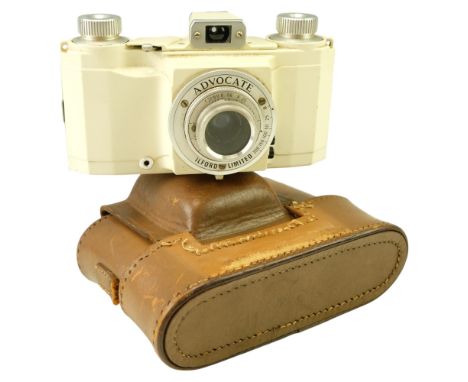 A 1950s Ilford Advocate Series II / 2 white-enamelled 35 mm film camera, having an Anastigmat f3.5/35mm lens, in Ilford case