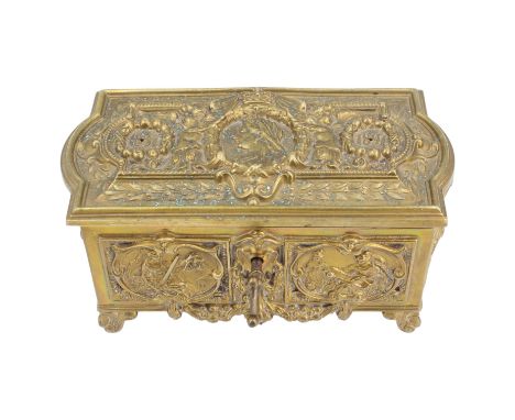 A Victorian royal commemorative cast-brass lidded casket, the hinged lid opening to reveal a claret velvet-lined interior, 15