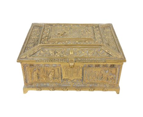 A late 19th / early 20th Century decorative brass casket / table cigarette box,  17.5 cm x 16 cm x 8.5 cm