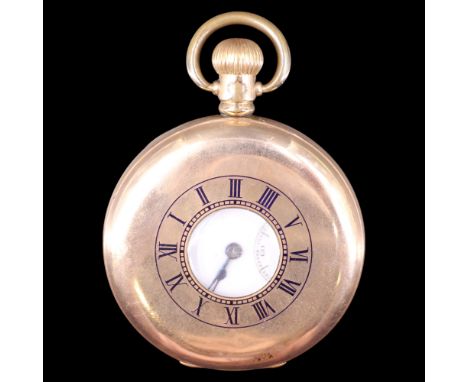 Early 20th Century gold-plated half hunter pocket watch, having a 15 jewel Swiss movement with enamelled face, blued steel po