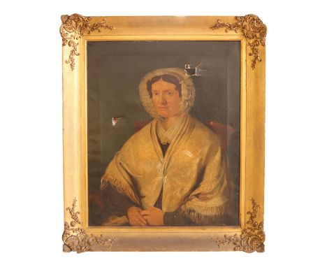 A Victorian portrait of a woman wearing a bonnet and shawl, sat with her hands clasped, oil on canvas, in ornate gilt frame, 