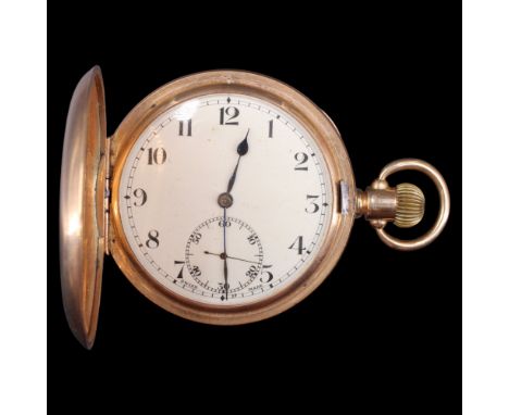 A 1920s Swiss Syren 9 ct gold hunter-cased pocket watch, having a crown-wound movement and enamel face with Arabic numerals, 