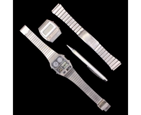 Vintage Seiko Calculator Alarm and Citizen Ana Digi Temp digital wristwatches, each having stainless steel straps, former wit