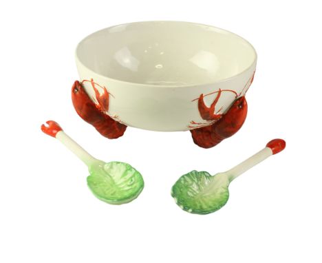 A Carlton Ware lobster-footed salad bowl and servers,  bowl 21 cm x 21 cm x 10.5 cm
