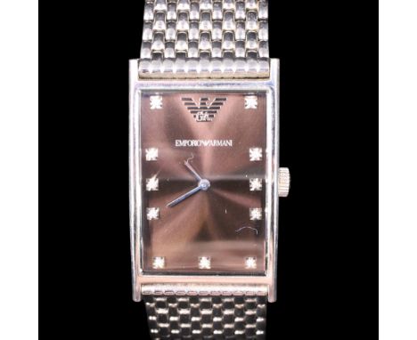 A contemporary Emporio Armani diamond-set stainless steel wristwatch, having a radially brushed dark brown face with pencil h