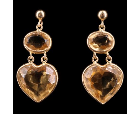 A pair of citrine and 18 ct gold ear pendants, each comprising a heart-shaped gemstone bezel-set and dependent from a similar