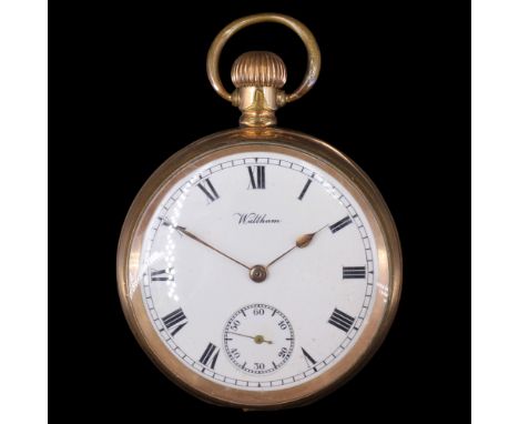 An early 20th Century Waltham gold-plated open-faced pocket watch, 49 mm, (running when catalogued, accuracy and reliability 
