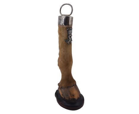 [ Lowther Castle / Earls of Lonsdale / Taxidermy] A Victorian silver-mounted horse's lower leg and hoof door porter, capped b
