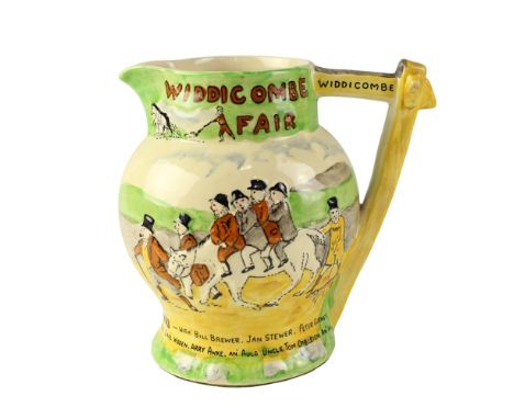 A Crown Devon "Widdicombe Fair" musical jug together with a related postcard, 18 cm