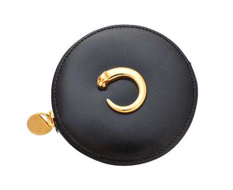 A Cartier Panthere coin pouch, of circular form, the black leather exterior with gold-tone panthere detailing and zip top fas