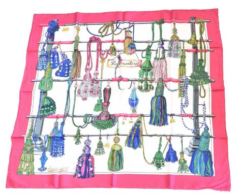 A Hermès "Pasementerie" silk scarf by Francoise Heron, the white ground with fuschia, purple, green and blue pattern depictin