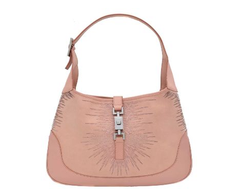 A Gucci Jackie light pink suede leather shoulder bag, the pink suede exterior with pink smooth leather accents and shoulder s