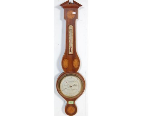 A 20th century antique style aneroid banjo barometer by Short &amp; Mason having solid mahogany body, with inlaid motifs and 
