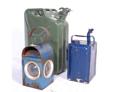 A vintage retro 20th century metal 20L jerry can together with Old Valor Paraffin dispenser and a blue vintage Kenlite MC &am