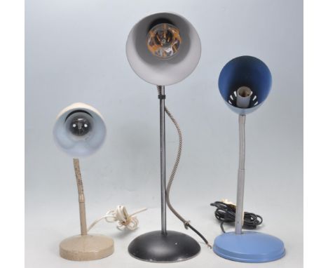 A group of three vintage retro 20th century anglepoise desk lamps / light. The collection includes two goose neck lamps with 