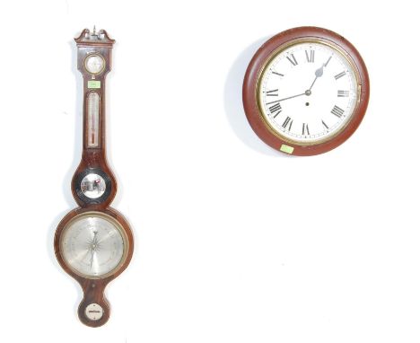 A 19th Century mahogany banjo barometer with two silver tone dials, convex mirror to the centre with thermometer above, with 