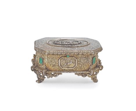 A William IV hardstone mounted silver-gilt casketEdward Farrell, London 1837 Rectangular octagonal form, overall gilded, a hi