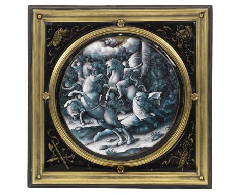 A Limoges grisaille and turquoise shaded enamel circular plaque depicting the Conversion of Paul The enamel possibly 16th cen