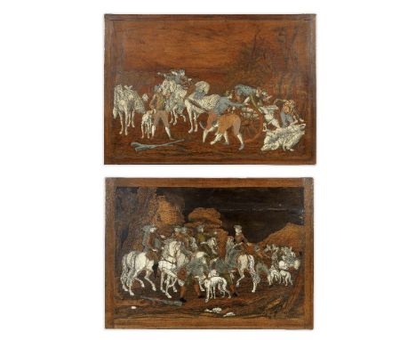 A pair of mid 18th century Italian walnut,  ivory, pewter, brass, copper and 'Alla Certosina' marquetry figural panelsCirca 1