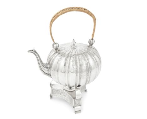A George II silver kettle on standElizabeth Godfrey, London 1752, date letter only distinct on the stand Shaped-globular melo