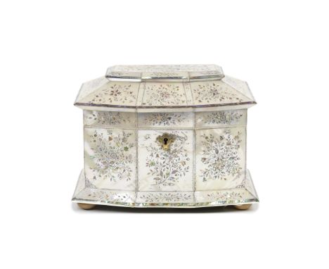 A good early Victorian finely inlaid mother-of-pearl and abalone and ivory banded tea caddy Of canted bow-fronted rectangular