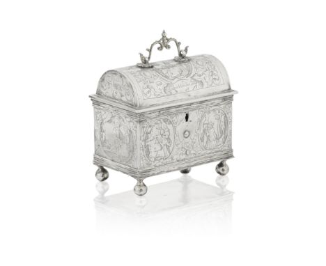 A Dutch silver marriage casket, knottekistje17th century, unmarked, struck later with only two Dutch tax marks for locally ma