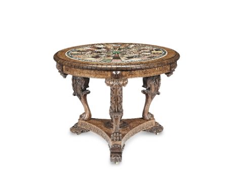 OF GRAND TOUR INTEREST - A George IV amboyna, rosewood and rosewood marquetry table with an Italian early 19th century specim