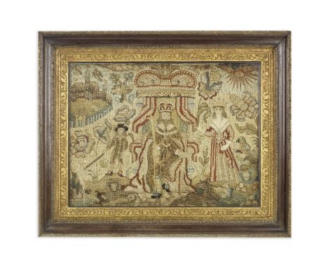 A charming 17th century needlework panel Probably English Woven in wools, silk and satin stitch, the central figure possibly 