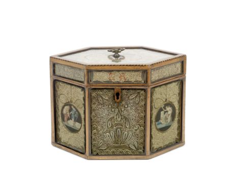 A good George III satinwood and barbers pole strung banded scroll or quill paper work tea caddy Of canted elongated hexagonal