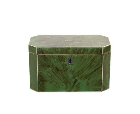 A rare George III green stained tortoiseshell and ivory banded tea caddy Of canted rectangular form, the lid centred by a whi