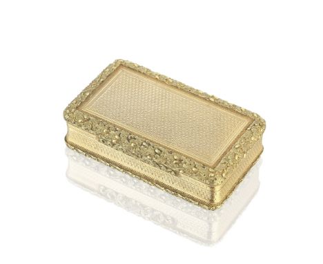 A cased George III 18 carat vari-coloured gold snuff boxAlexander J Strachan, London 1815 Rectangular, with central engine-tu