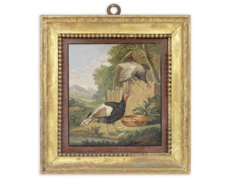 Attributed to Giacomo Raffaelli (Italian, 1753-1836): An early 19th century micro mosaic panel depicting a pair of fowl, poss