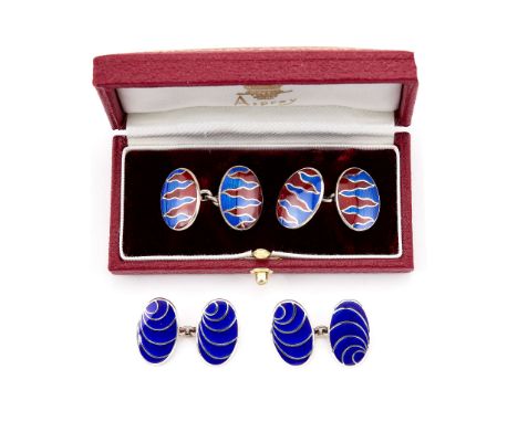  Asprey, a pair of silver and enamel double sided cufflinks,   London 1995,  the red and blue guilloche enamel oval panels wi