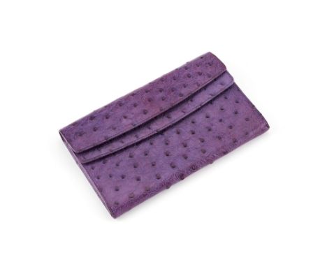  Asprey, a purple ostrich purse,   two snap button fasteners, the first opening to a double gusset interior with a single zip