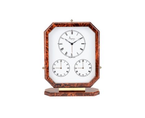  Asprey, a gilt metal and brown lacquer triple time zone alarm desk clock,   three quartz movements, white dials, Roman numer