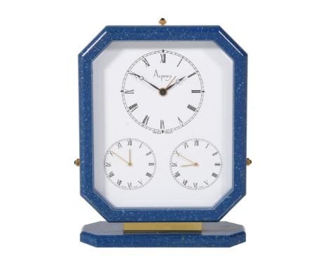  Asprey, a gilt metal and blue lacquer triple time zone alarm desk clock,   three quartz movements, white dials, Roman numera